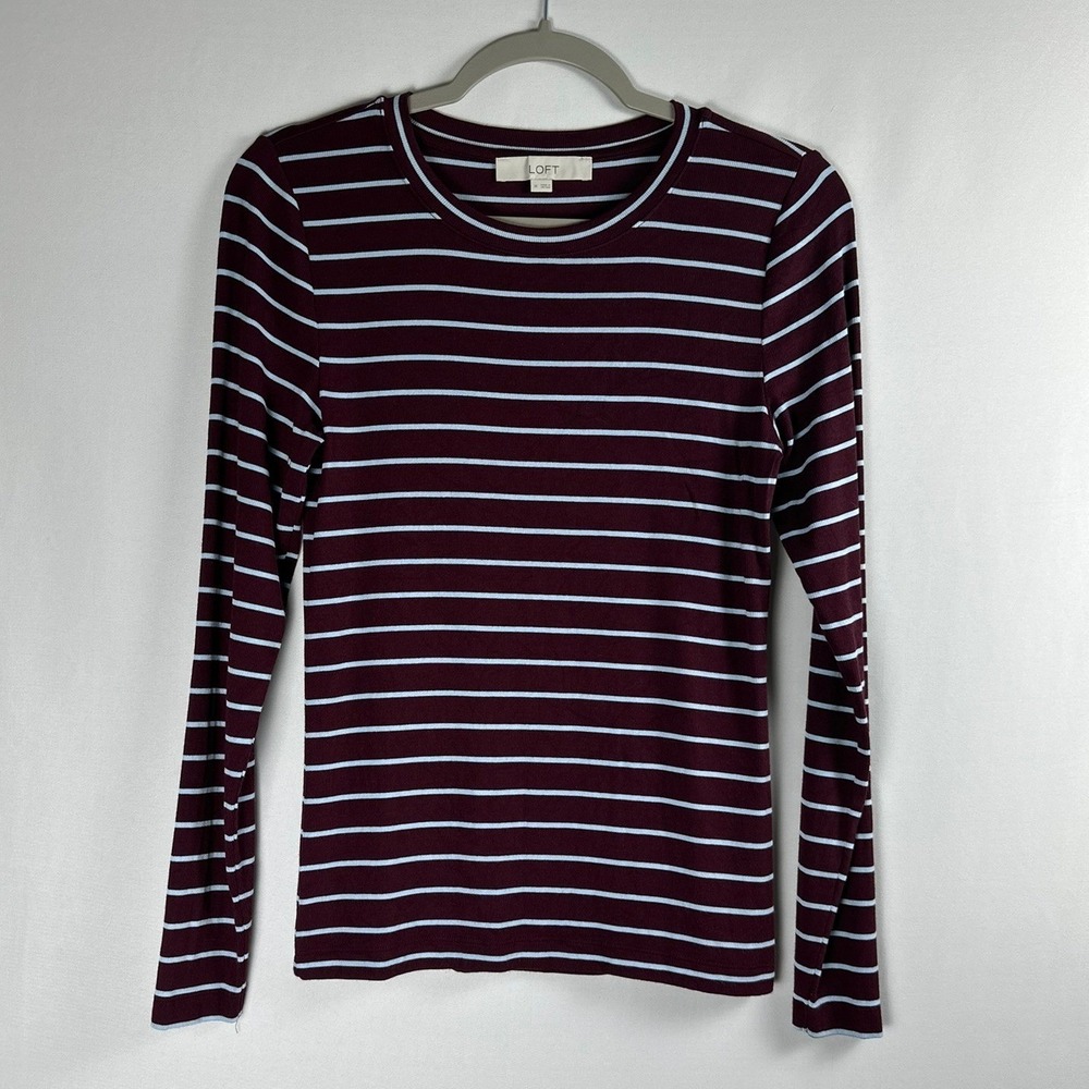 LOFT Long Sleeve Top Women Size M Maroon Striped Ribbed Knit Casual Classic